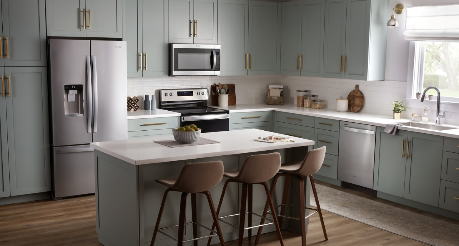 Gray kitchen featuring Whirlpool® stainless steel appliances Gray kitchen featuring Whirlpool® stainless steel appliances