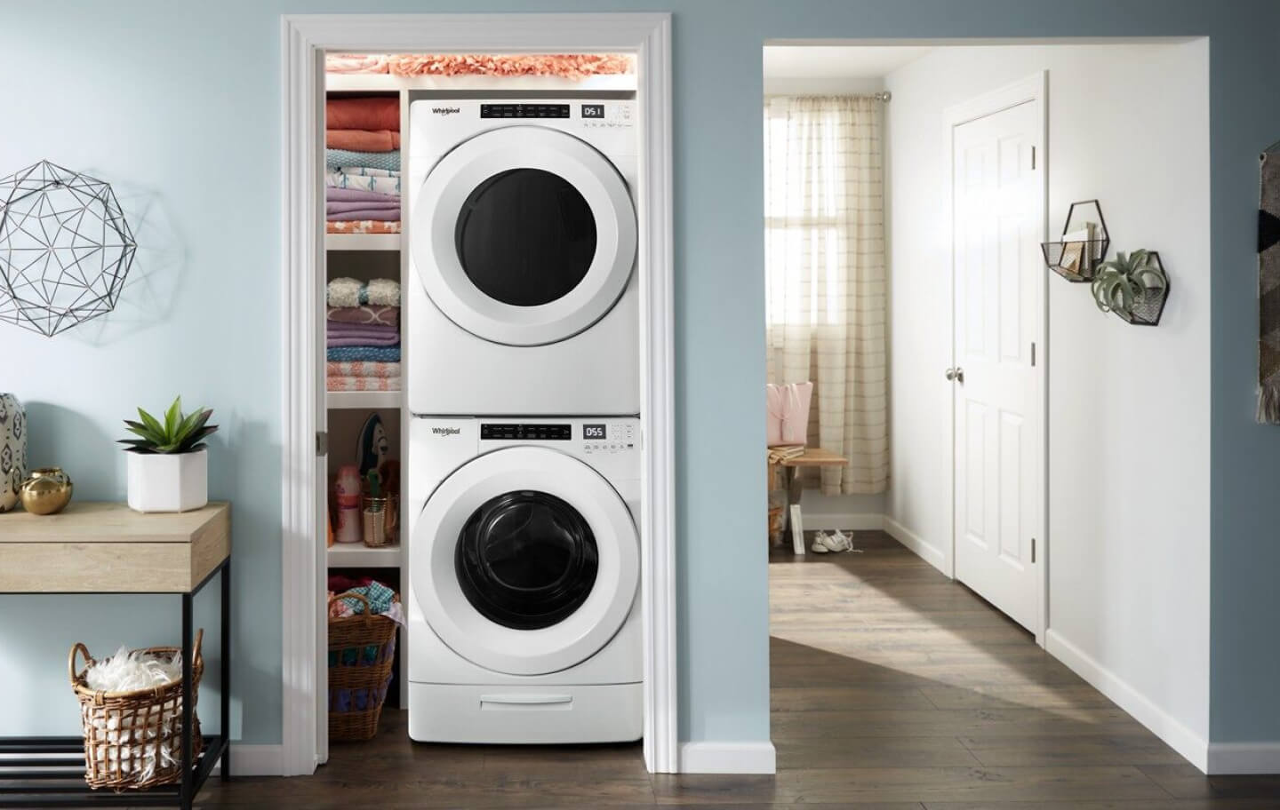 Stacked white Whirlpool® Washer and Dryer Set