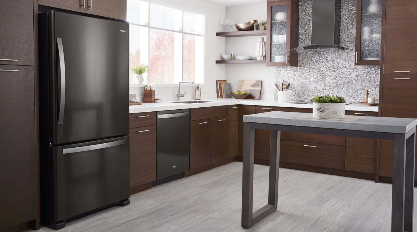 A black stainless, Whirlpool® Bottom-Freezer Refrigerator