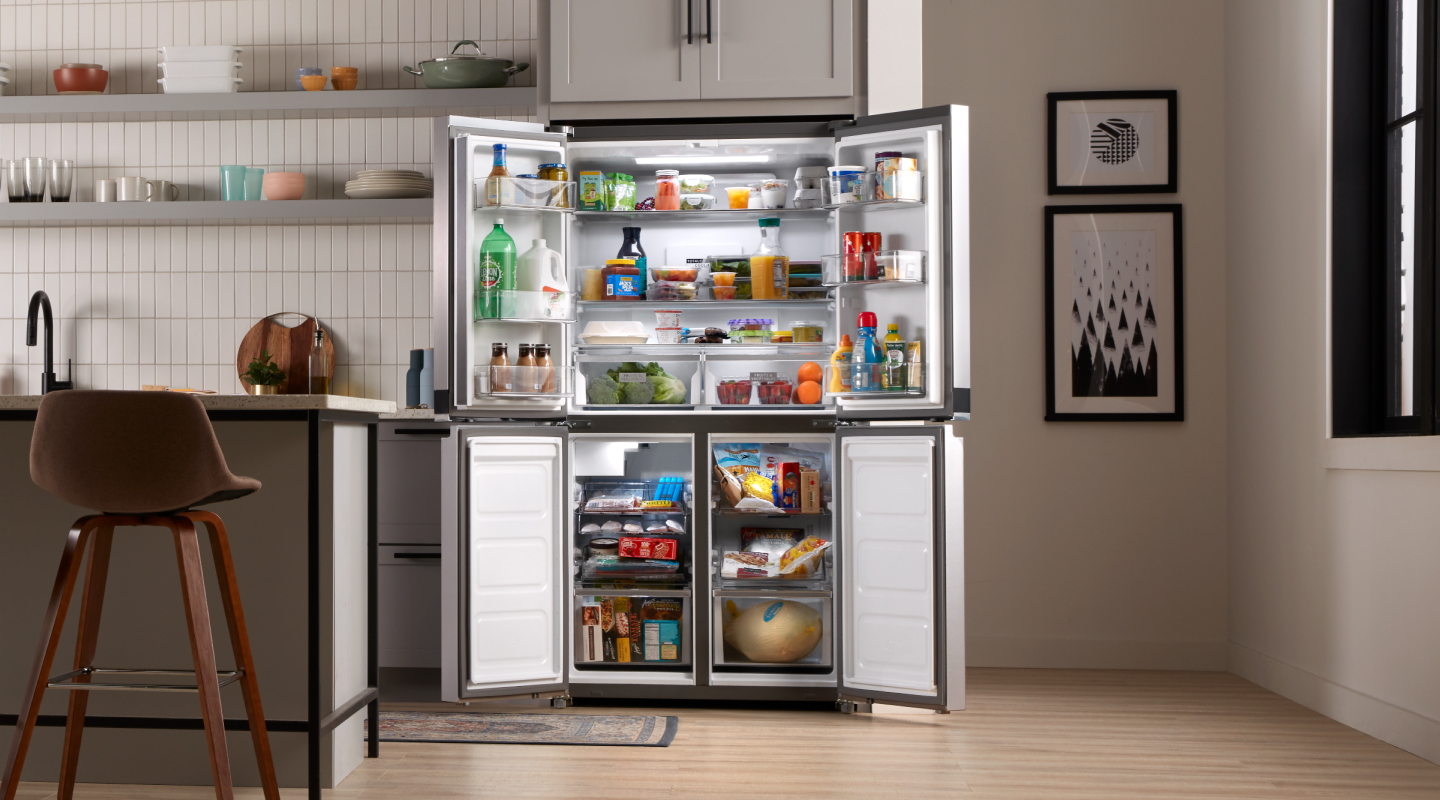 An open french door refrigerator An open french door refrigerator