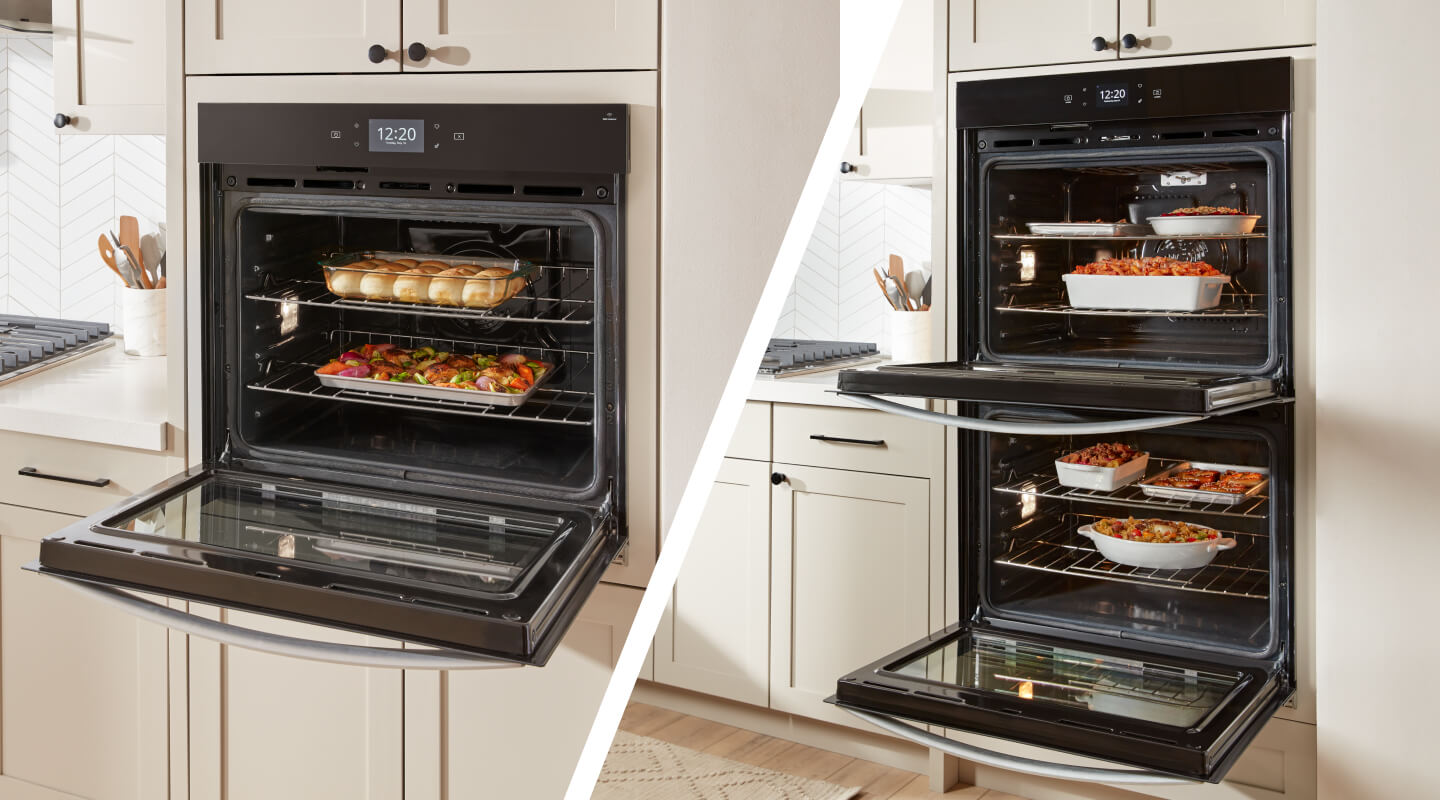 A single wall oven vs a double wall oven, open showing difference in capacity