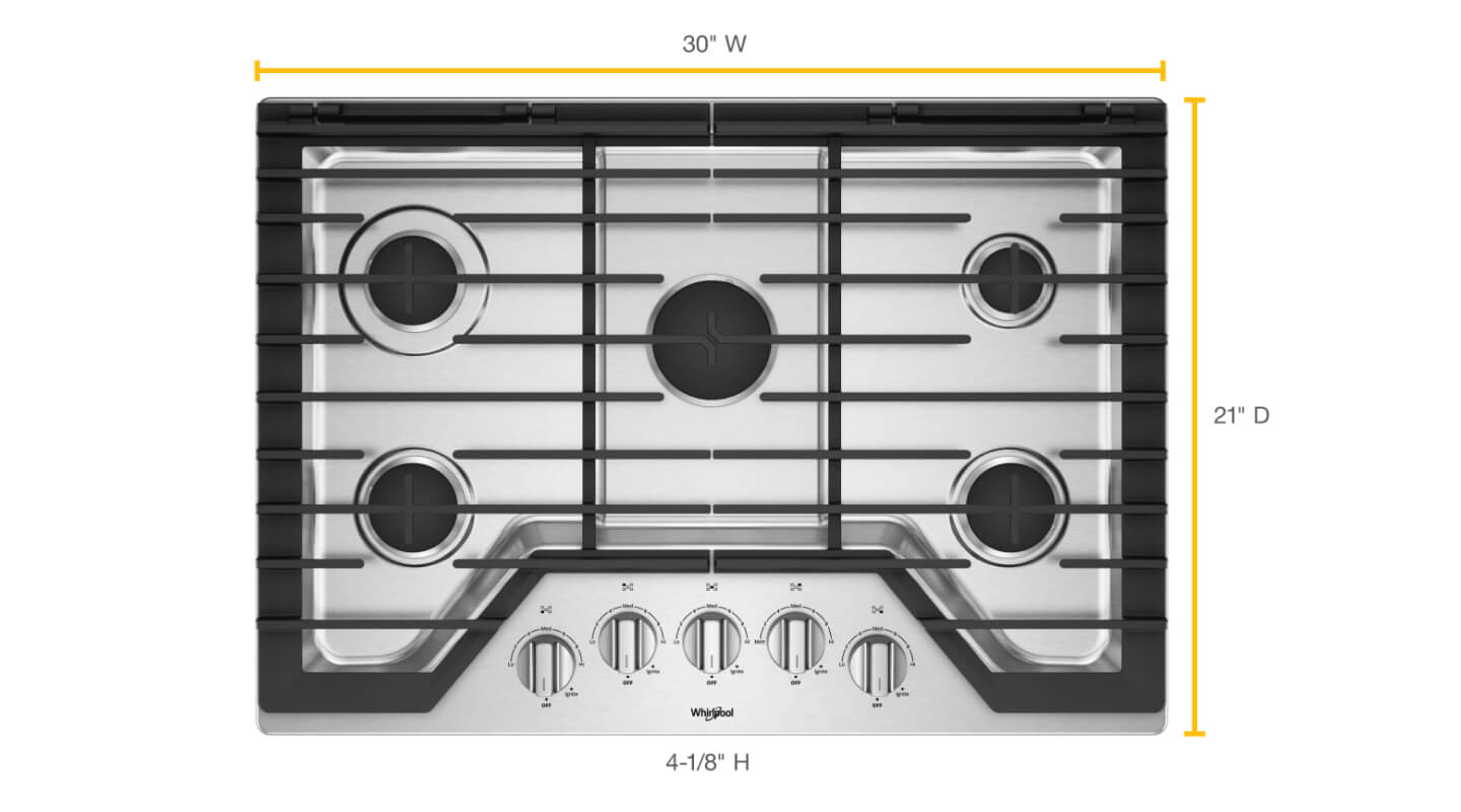 Top view of gas 5-burner cooktop with length and width dimensions noted on sides Top view of gas 5-burner cooktop with length and width dimensions noted on sides