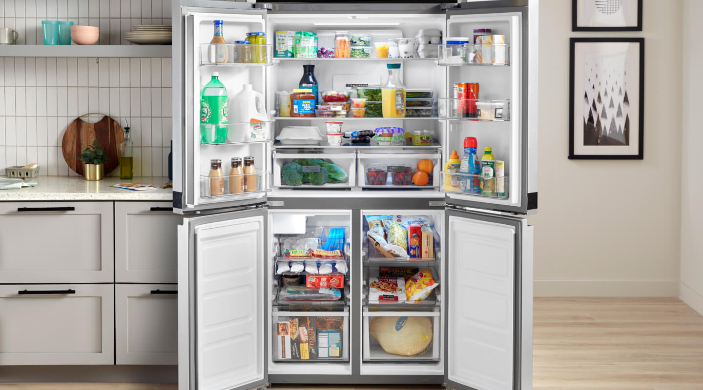 An open 36-inch Wide Counter Depth 4 Door Refrigerator