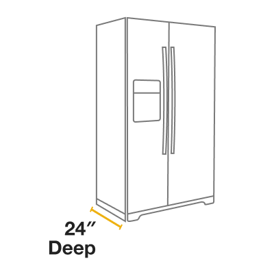 A line drawing of a counter-depth refrigerator with the depth measured
