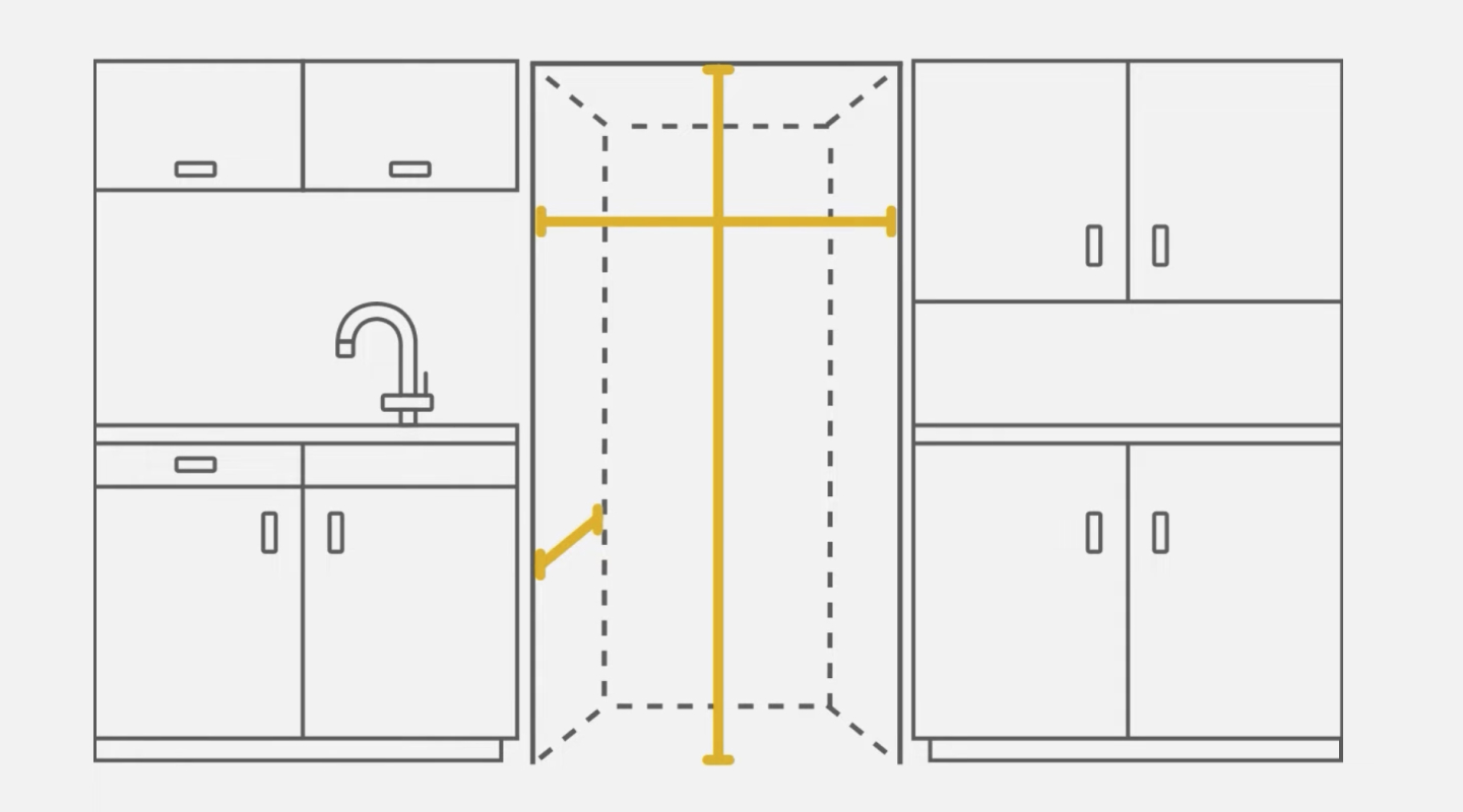 Line drawing of an open space between kitchen cabinets with lines showing where to measure height, width and depth for a refrigerator 