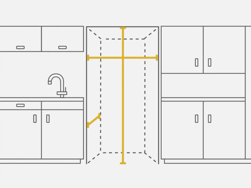 Line drawing of an open space between kitchen cabinets with lines showing where to measure height, width and depth for a refrigerator 
