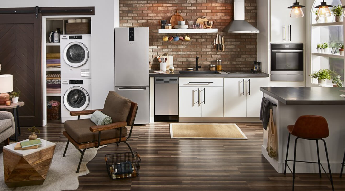 Open concept kitchen with stainless steel appliances