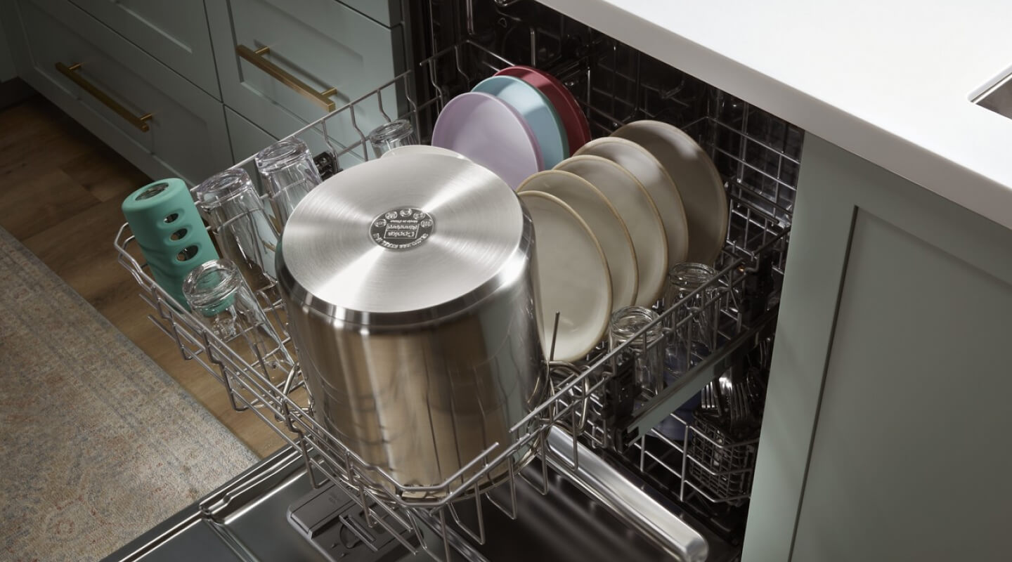 Clean dishes on a top rack