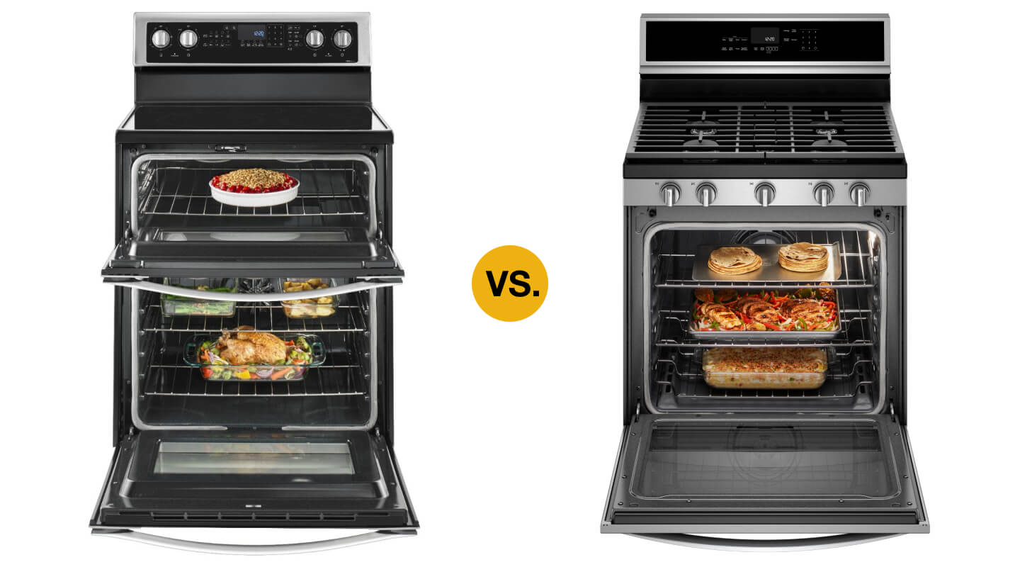 Open double oven range next to an open single oven range Open double oven range next to an open single oven range