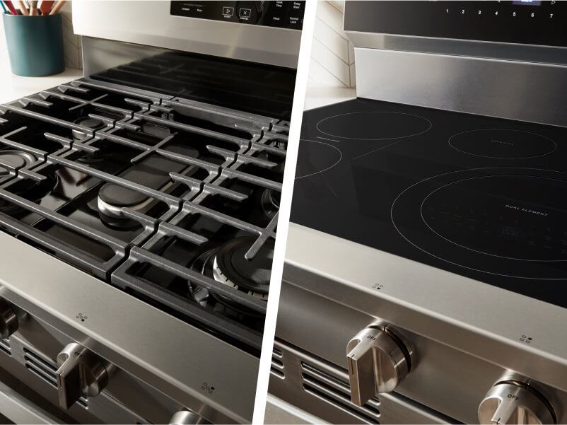 Side-by-side image of a gas cooktop and an electric cooktop Side-by-side image of a gas cooktop and an electric cooktop