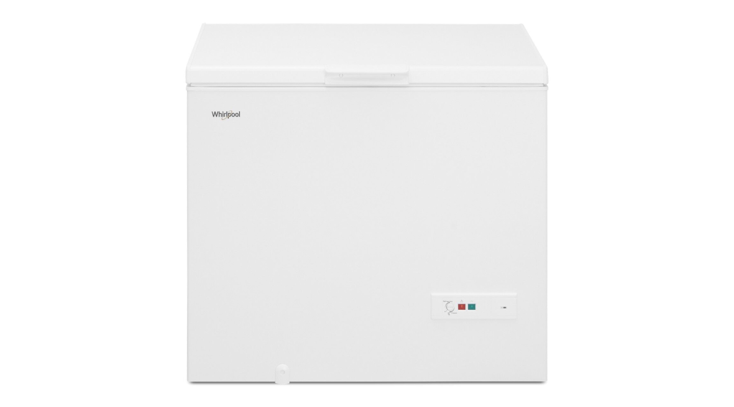 A white chest freezer against a white background A white chest freezer against a white background