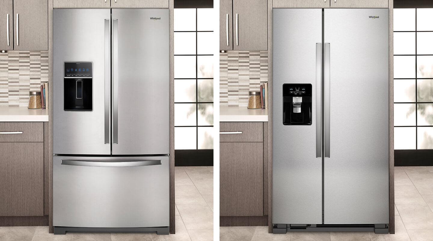 Split image with French door and side-by-side refrigerators