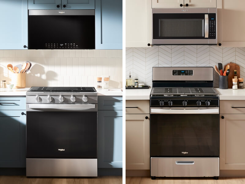 A collage of two images, the one on the left showing a Whirlpool® Gas Range in a kitchen with blue cabinetry and the one on the right showing a Whirlpool® Gas Range in a bright kitchen A collage of two images, the one on the left showing a Whirlpool® Gas Range in a kitchen with blue cabinetry and the one on the right showing a Whirlpool® Gas Range in a bright kitchen