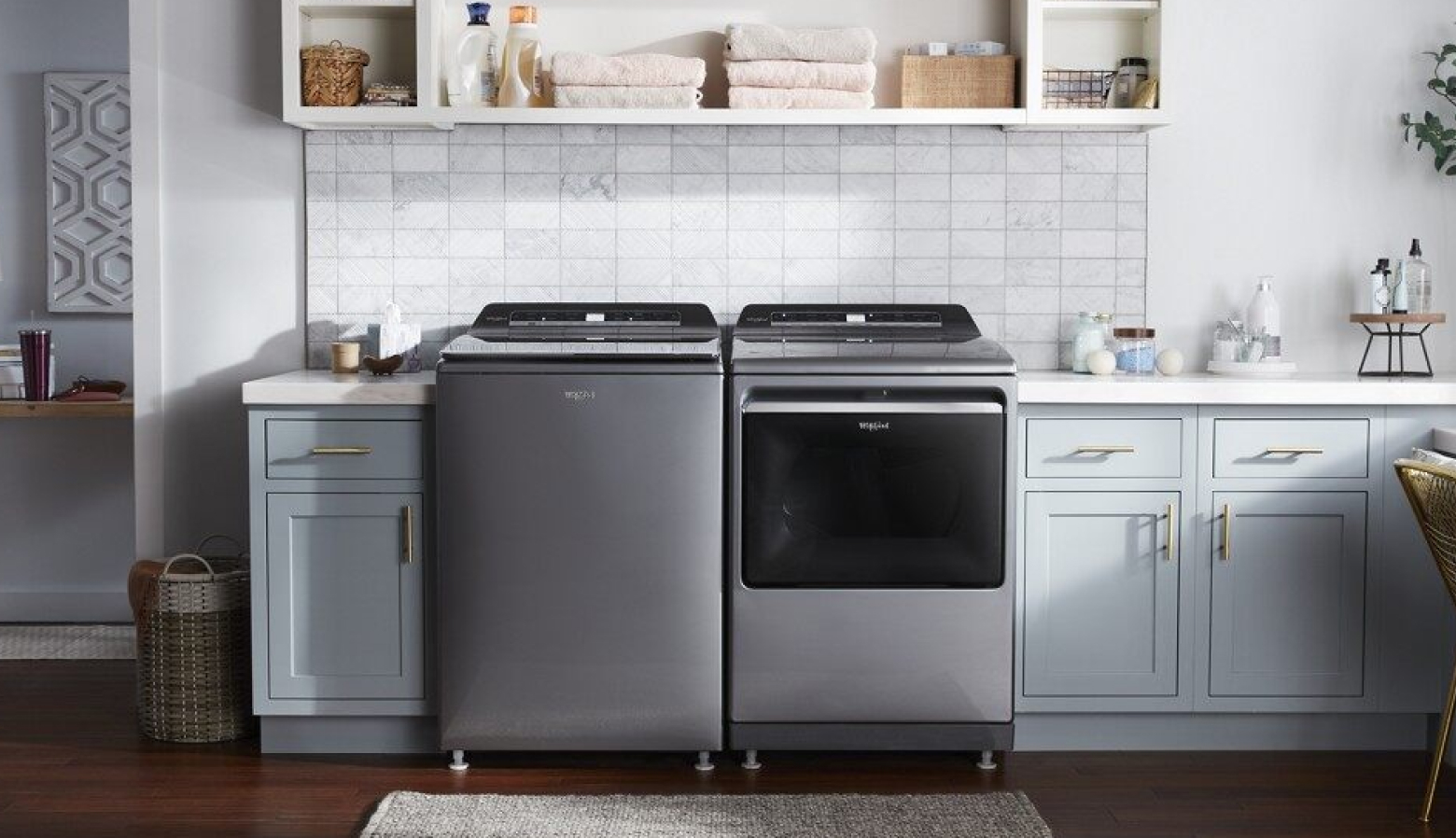 Top load laundry pair in a bright laundry room Top load laundry pair in a bright laundry room