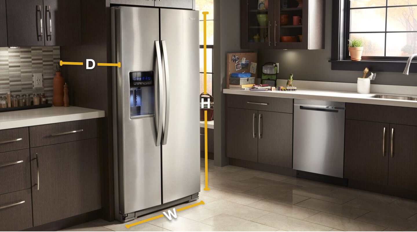 Side-by-side refrigerator with depth, width and height diagrammed for measurements