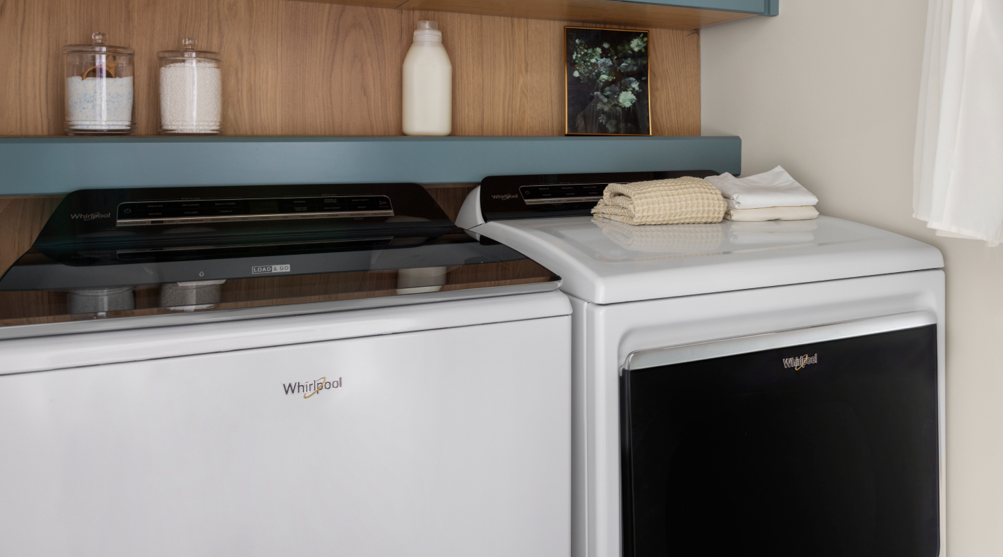 White Whirlpool® front load washer and matching dryer