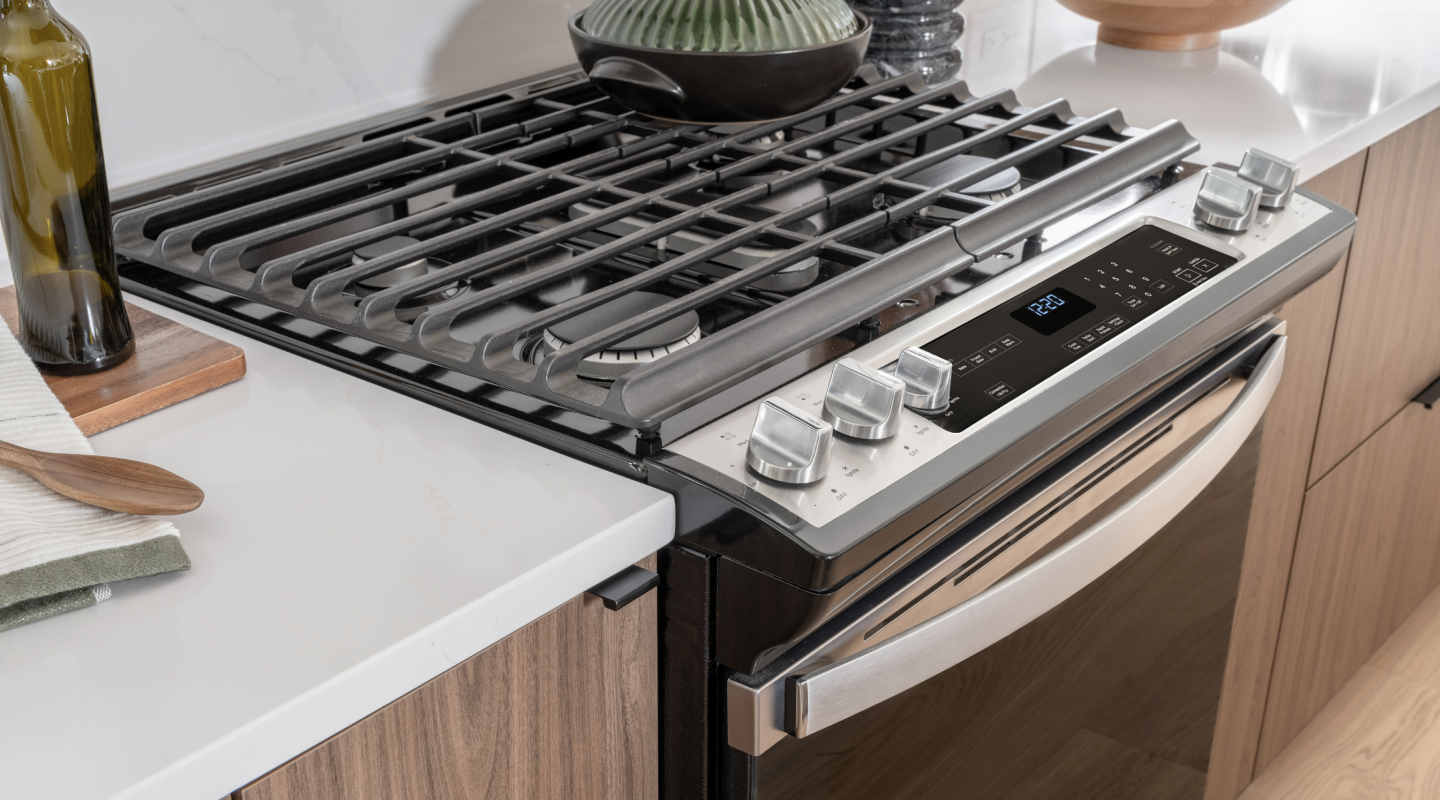 Whirlpool® Slide-In Gas Range in a kitchen