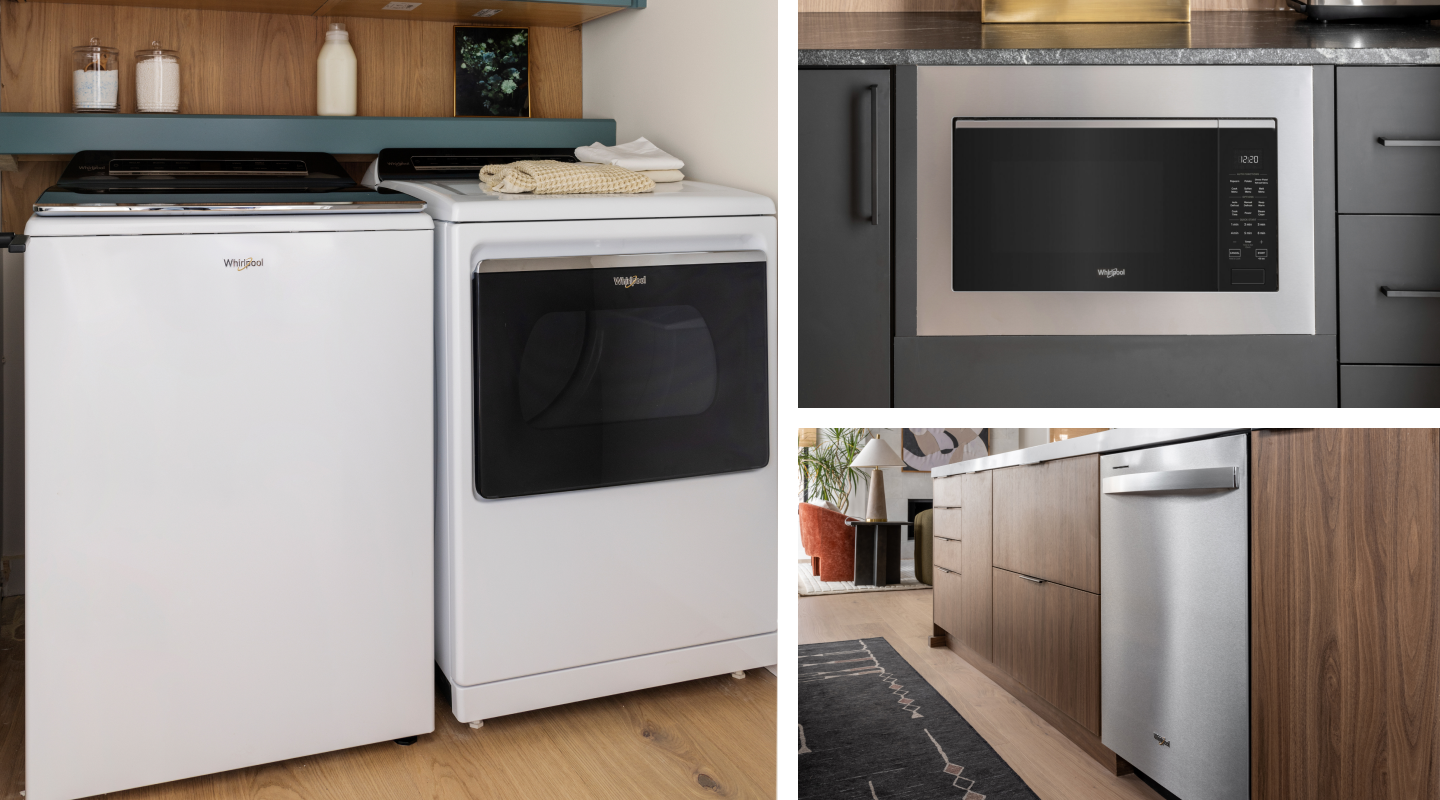Sleek Whirlpool® kitchen and laundry appliances in a smart home