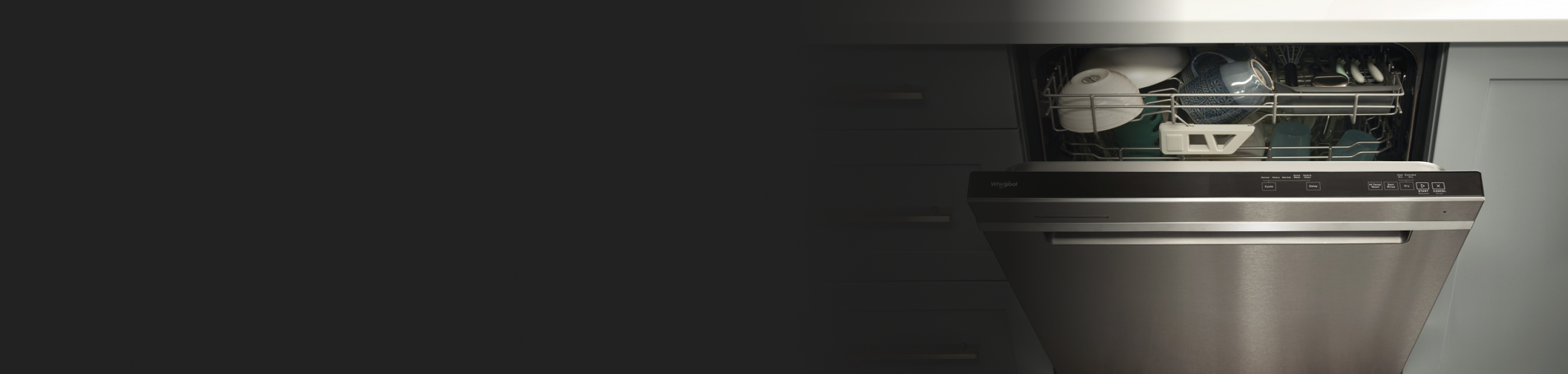 A closeup of a Whirlpool® dishwasher.