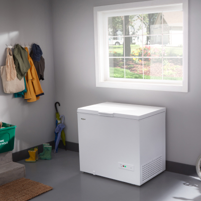 Garage-ready chest freezer below a window