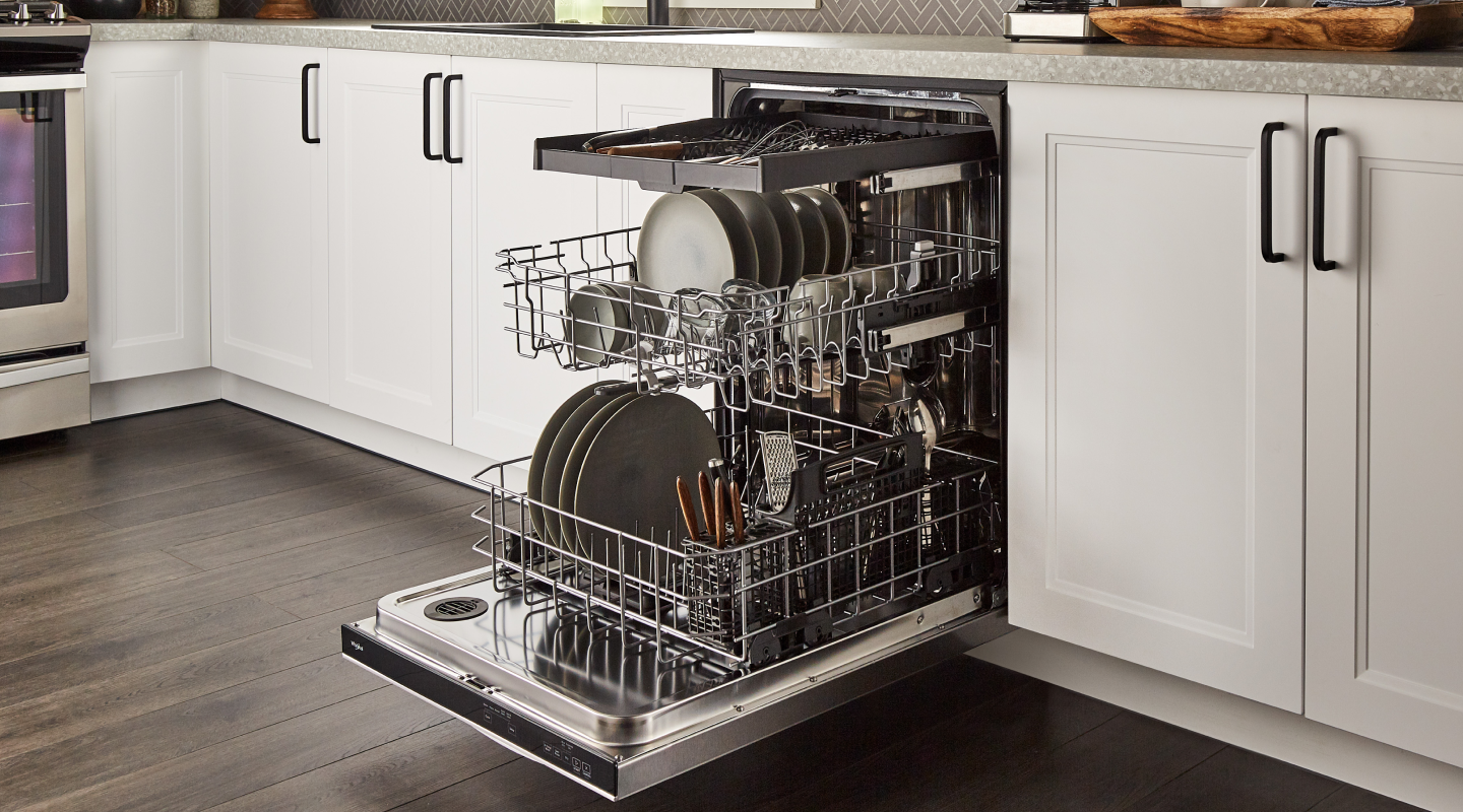 Open Whirlpool® dishwasher with 3rd Rack