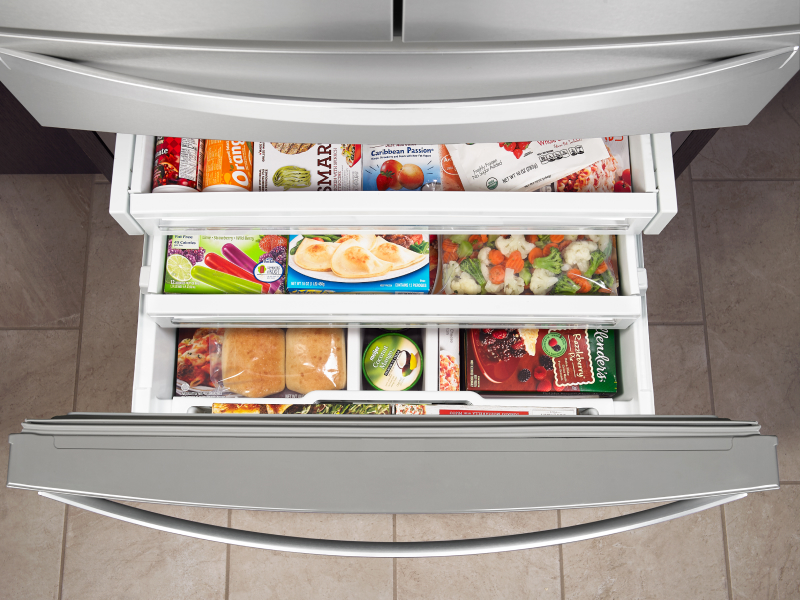 Freezer drawers opened to show contents Freezer drawers opened to show contents