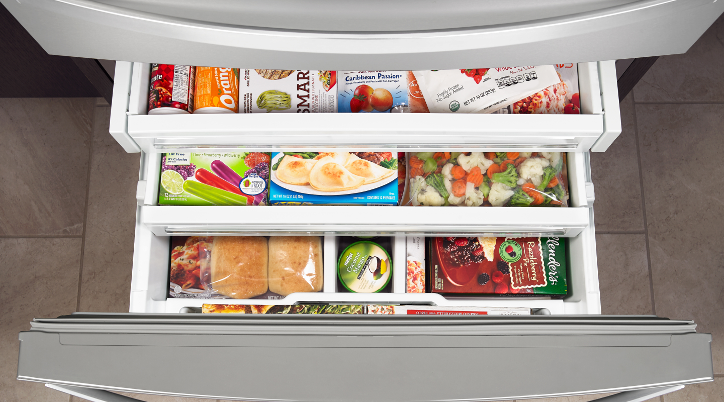 Freezer drawers opened to show contents Freezer drawers opened to show contents