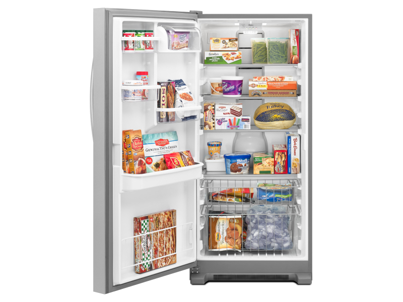 Upright freezer opened to show contents Upright freezer opened to show contents