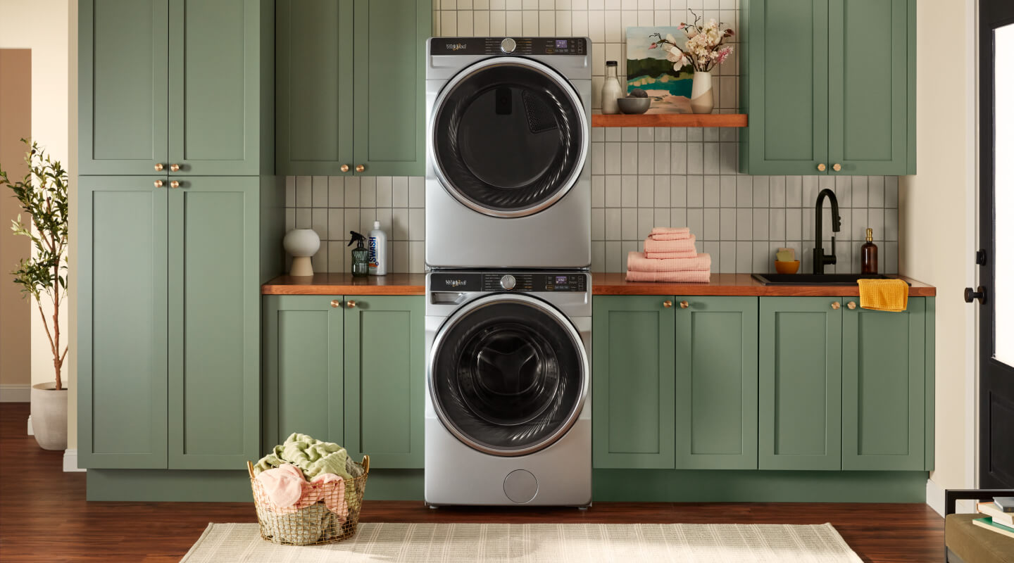 Stackable washer and dryer in a modern laundry room