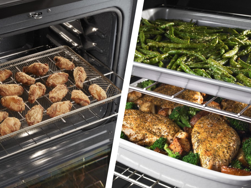 Split image of chicken in an air fryer basket and green beans and a chicken dish on traditional bakeware in the oven