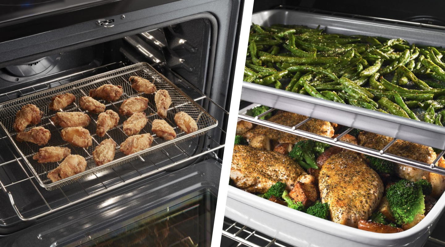 Split image of chicken in an air fryer basket and green beans and a chicken dish on traditional bakeware in the oven