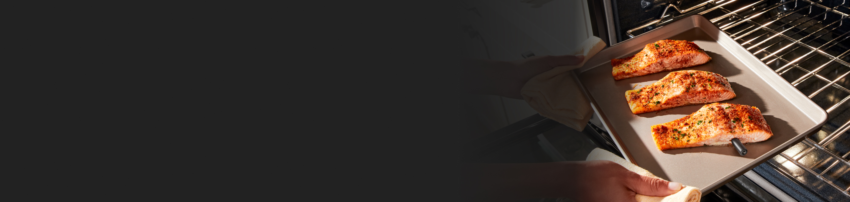 A baking pan of cooked salmon