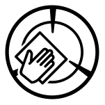 Hand wiping dryer drum with towel icon.