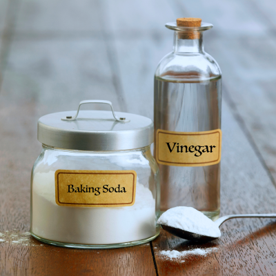 Containers of baking soda and vinegar side by side