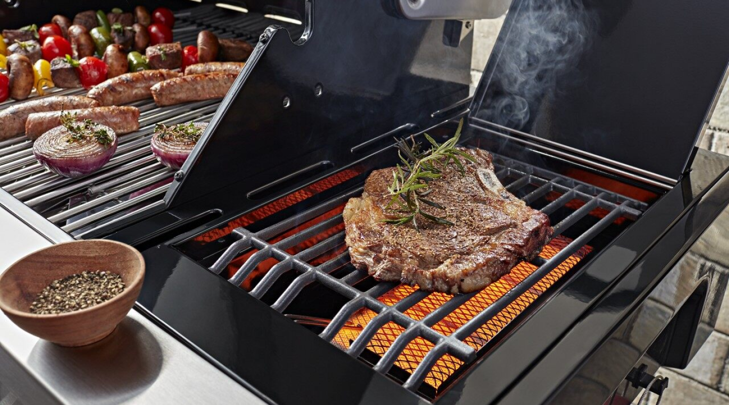 Steak with herbs on a grill Steak with herbs on a grill