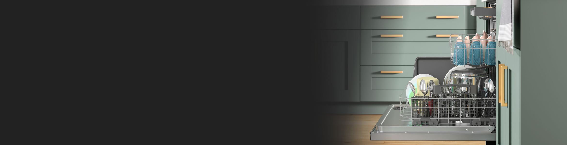 Open dishwasher in a kitchen with teal cabinets