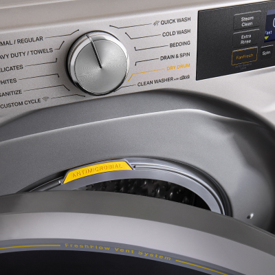 A knob pointing to different cycle settings on a front load washer