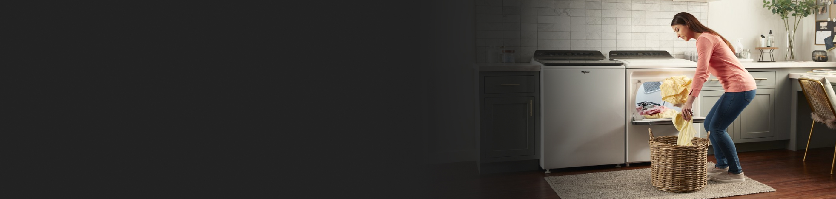 A white Whirlpool® side-by-side washer and dryer set