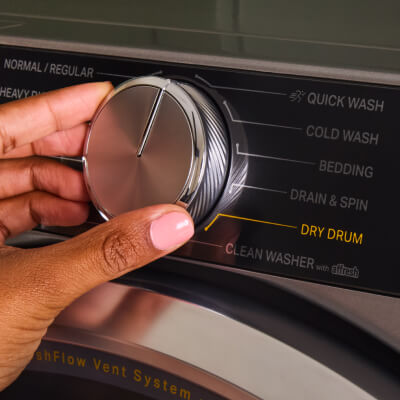 Washer control panel showing the Whirlpool® Dry Drum Cycle