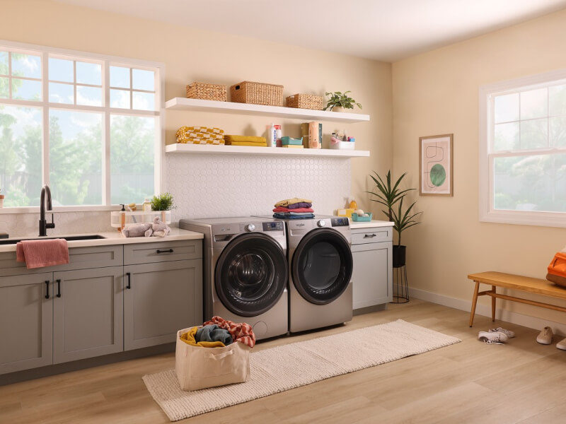 A bright laundry room with a bag of laundry on the floor in front of a Whirlpool® Washer and Dryer set A bright laundry room with a bag of laundry on the floor in front of a Whirlpool® Washer and Dryer set