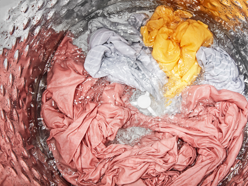 An aerial view of a load of laundry mid wash cycle