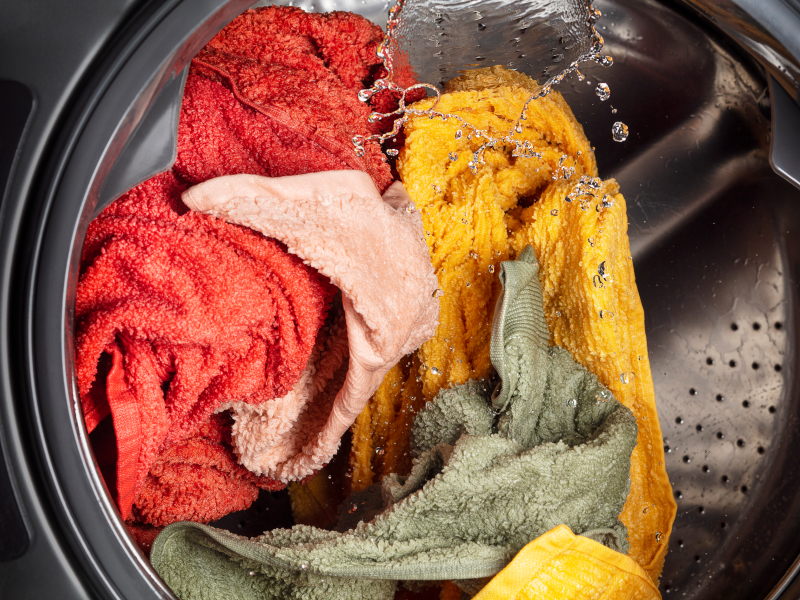 A load of towels in the midst of a spin cycle