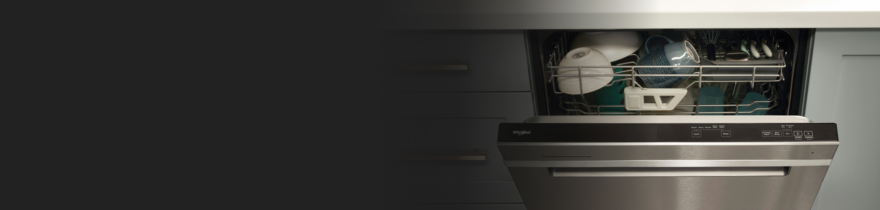 Front of open dishwasher with pocket handle and dishes inside