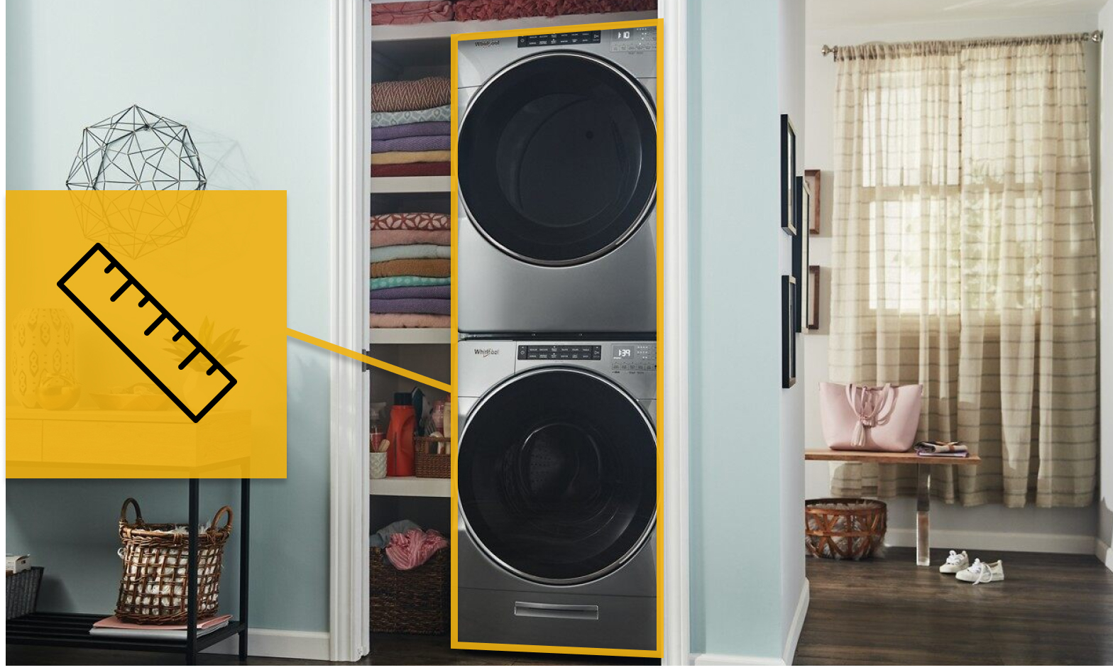 Stacked washer and dryer with ruler icon Stacked washer and dryer with ruler icon