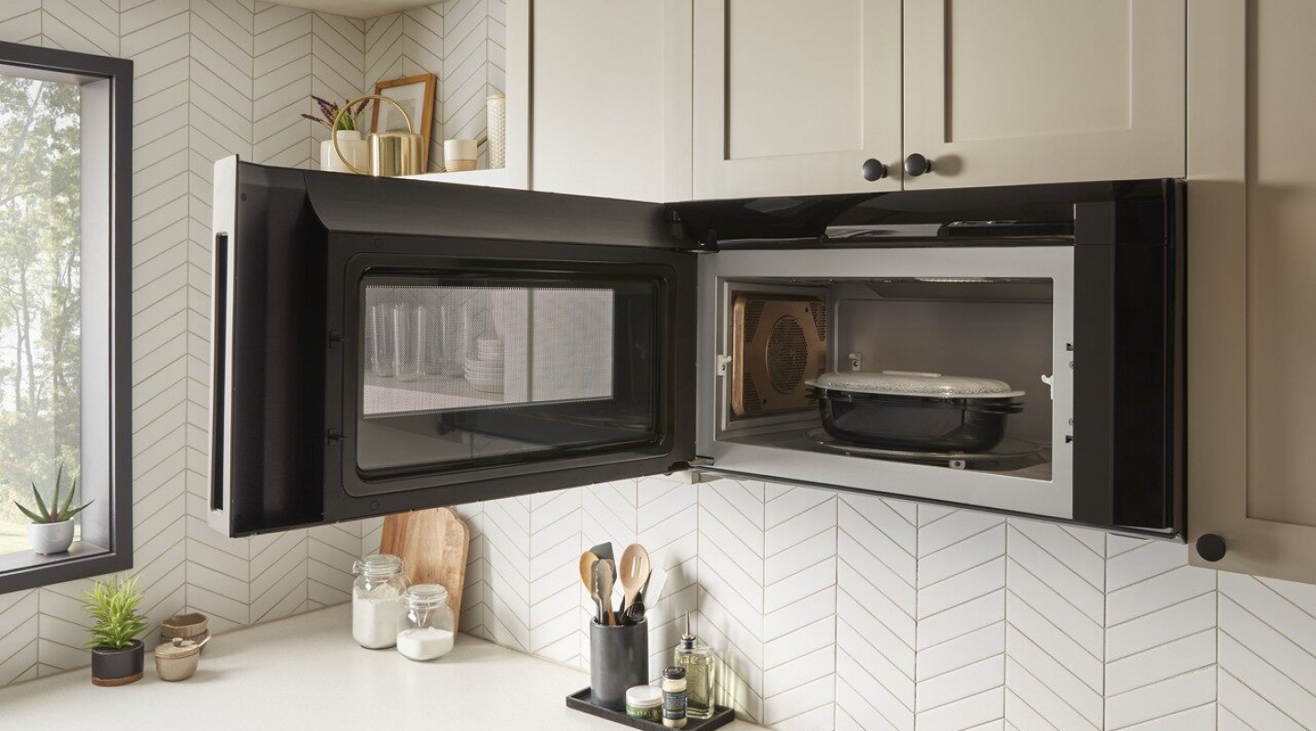 Open Whirlpool® Microwave with steaming container
