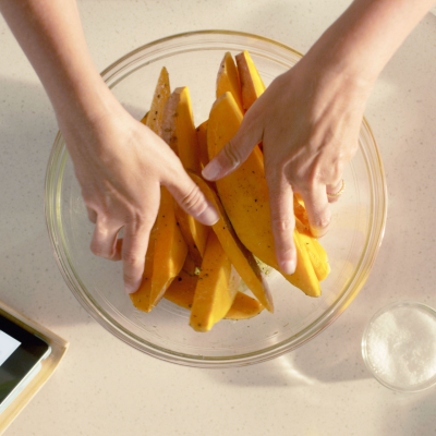 Sliced sweet potatoes in a bowl