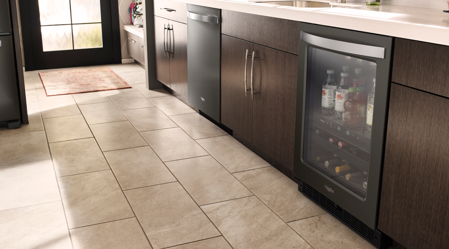Whirlpool® Dishwasher and Beverage Center in a kitchen