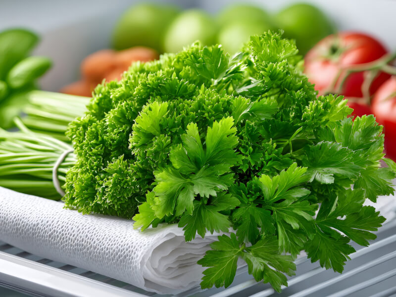 Fresh parsley resting on dry paper towel in a refrigerator 