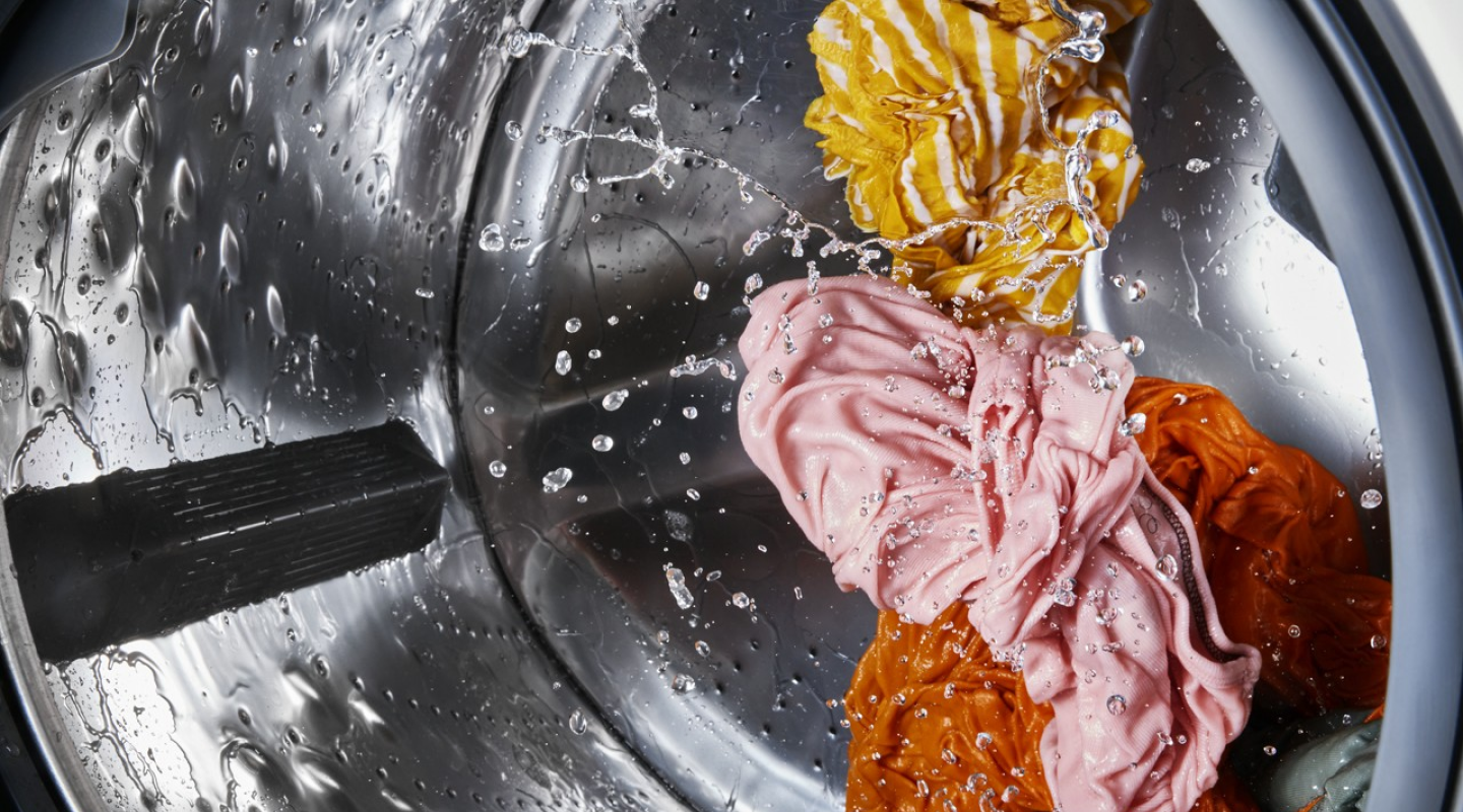 Clothing tumbling inside of a washer drum