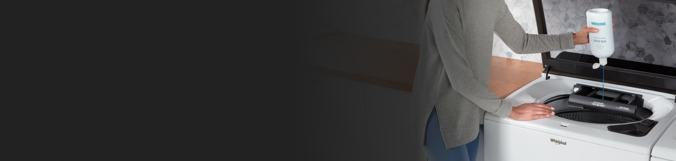 Woman pouring Swash® laundry detergent into a top load washer